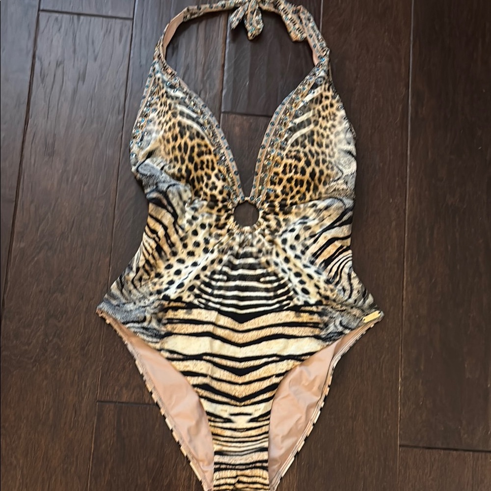 Camila Coelho Beige and Black Animal-Print Halter One-Piece Swimsuit